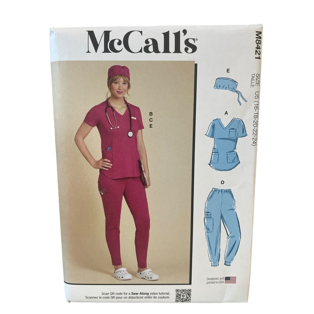 McCall's M8421 Misses Knit Scrub Tops Pants Jogger Cap Size 16-24
